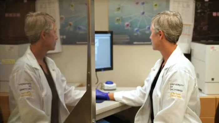 Woman in lab coat working at computer in laboratory, reflected in glass divider.