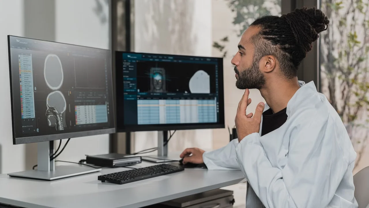Scientist analyzing brain scans on dual monitors in a modern lab setting.