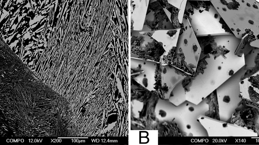 (A) SEM image of a sectioned W11B12 ingot in backscattered electron (compositional) mode indicating compositional uniformity of WB4.2 (bright) grains. (B) Backscattered electron SEM image of a fractured ingot of an arc-melted sample in the ratio W:B of 1:12. Light regions are the tungsten-containing phase.
