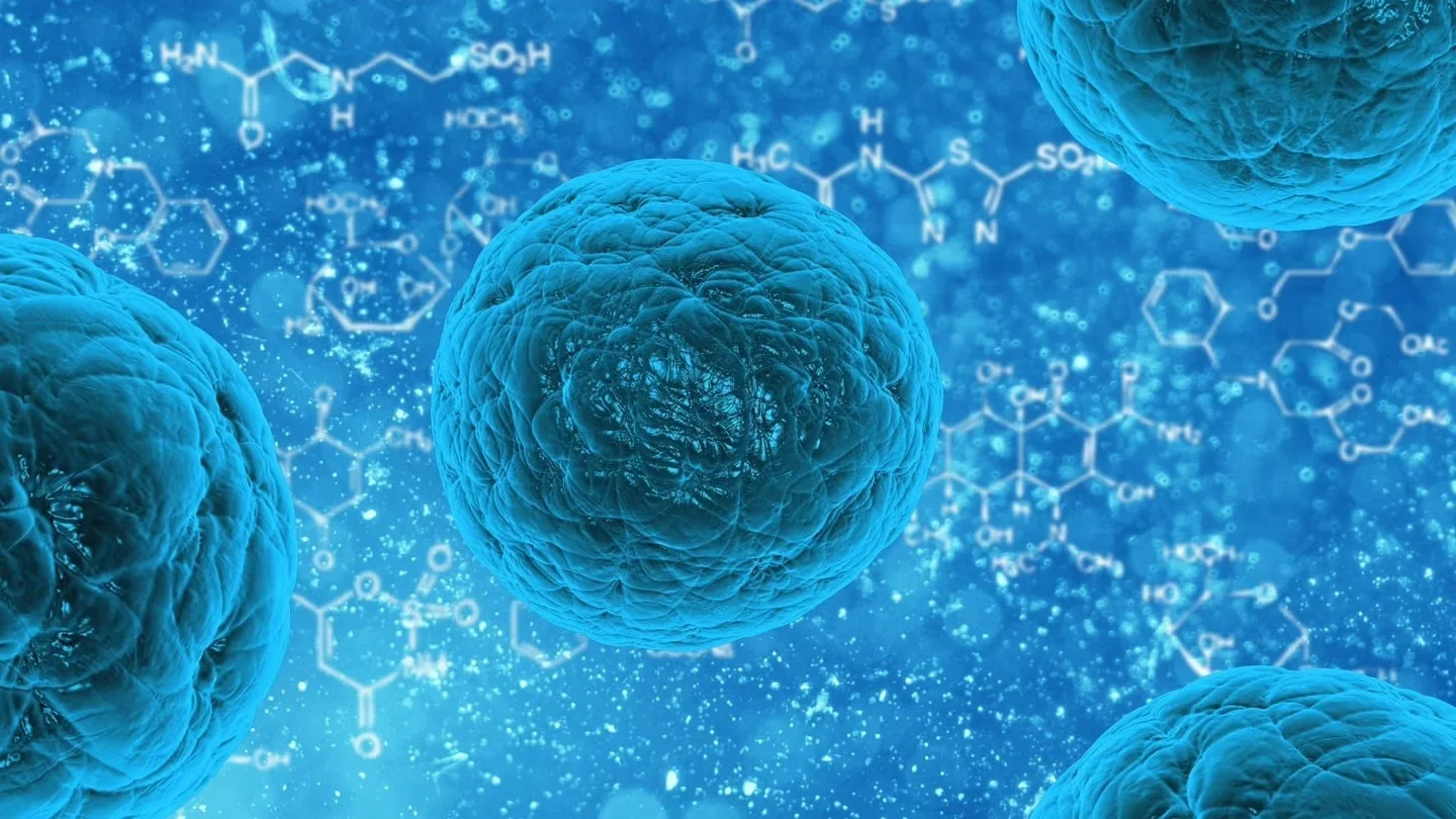Blue 3D illustration of a cell with molecular structures and formulas in the background.