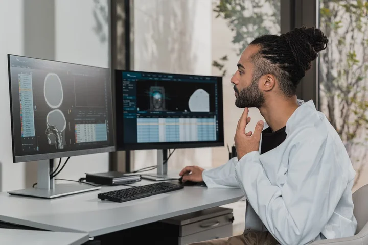 Scientist analyzing brain scans on dual monitors in a modern lab setting.