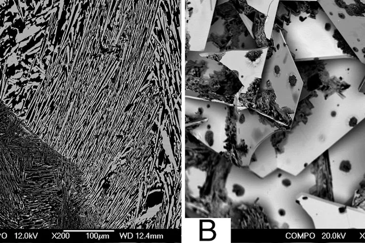 (A) SEM image of a sectioned W11B12 ingot in backscattered electron (compositional) mode indicating compositional uniformity of WB4.2 (bright) grains. (B) Backscattered electron SEM image of a fractured ingot of an arc-melted sample in the ratio W:B of 1:12. Light regions are the tungsten-containing phase.