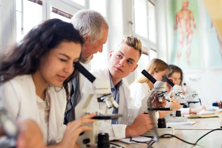 Lab members looking into microscopes