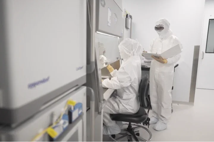 Researchers in PPE attire in lab