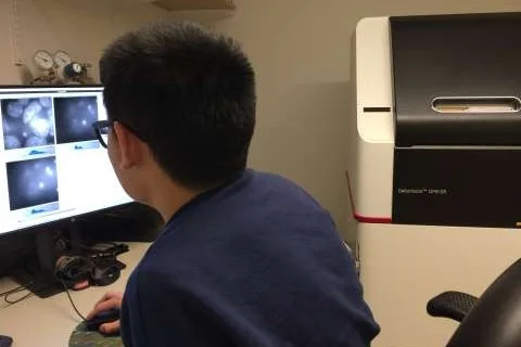Researcher analyzing microscopic images on a computer next to a DeltaVision OMX SR imaging system.
