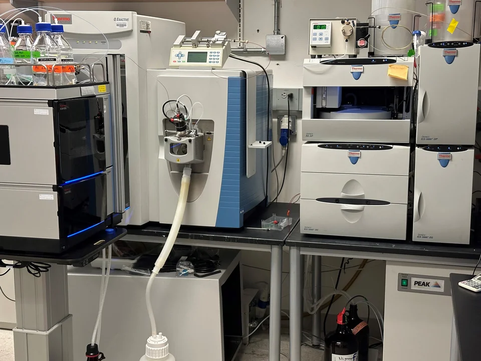A photo of a Q Exactive Mass Spectrometer on a Lab Bench
